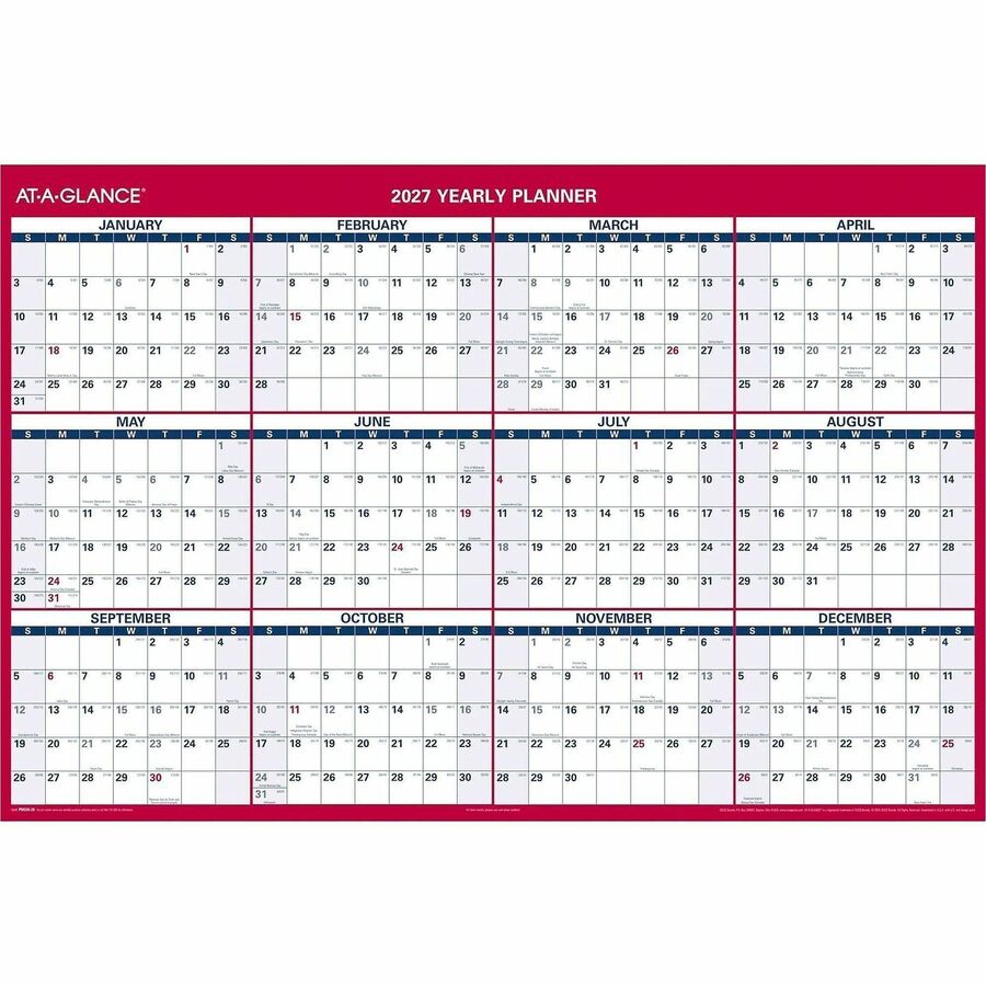 At-A-Glance Vertical Reversible Horizontal Erasable Wall Calendar - Extra Large Size - Julian Dates - Yearly - 12 Month - January 2024 - December 2024 - 48" x 32" White Sheet - 1.25" x 1.88" , 1.63" x 1.63" Block - Red - Laminate - Erasable, Reversib
