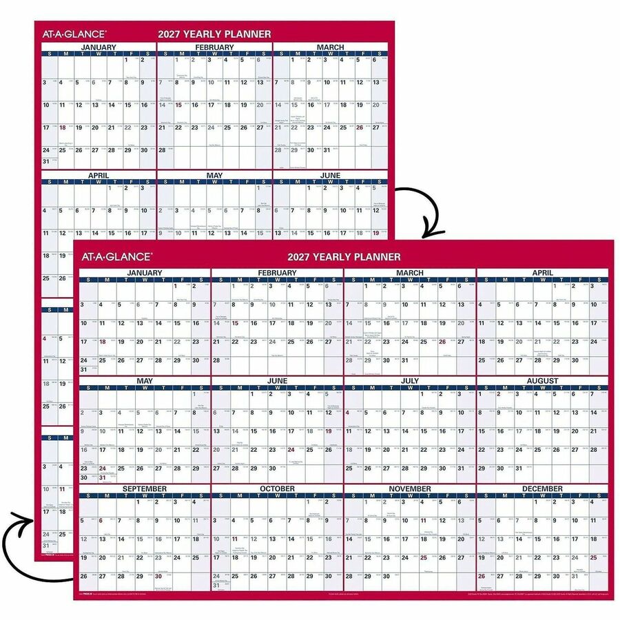 At-A-Glance Vertical Reversible Horizontal Erasable Wall Calendar - Extra Large Size - Julian Dates - Yearly - 12 Month - January 2024 - December 2024 - 48" x 32" White Sheet - 1.25" x 1.88" , 1.63" x 1.63" Block - Red - Laminate - Erasable, Reversib