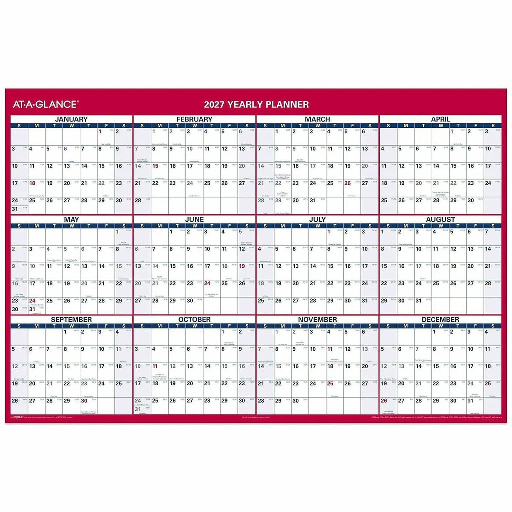 At-A-Glance Vertical Reversible Horizontal Erasable Wall Calendar - Extra Large Size - Julian Dates - Yearly - 12 Month - January 2024 - December 2024 - 48" x 32" White Sheet - 1.25" x 1.88" , 1.63" x 1.63" Block - Red - Laminate - Erasable, Reversib