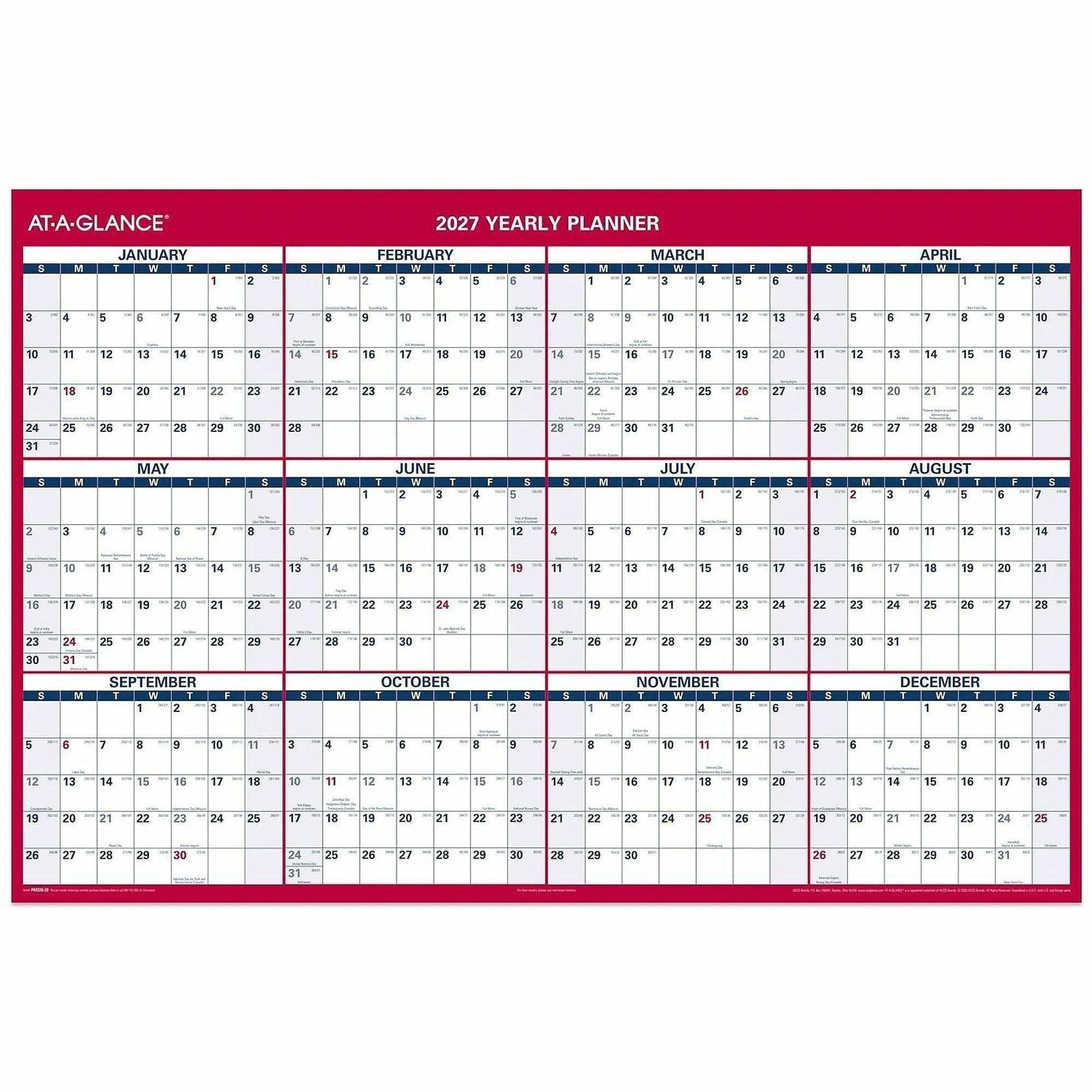 At-A-Glance Vertical Reversible Horizontal Erasable Wall Calendar - Extra Large Size - Julian Dates - Yearly - 12 Month - January 2024 - December 2024 - 48" x 32" White Sheet - 1.25" x 1.88" , 1.63" x 1.63" Block - Red - Laminate - Erasable, Reversib