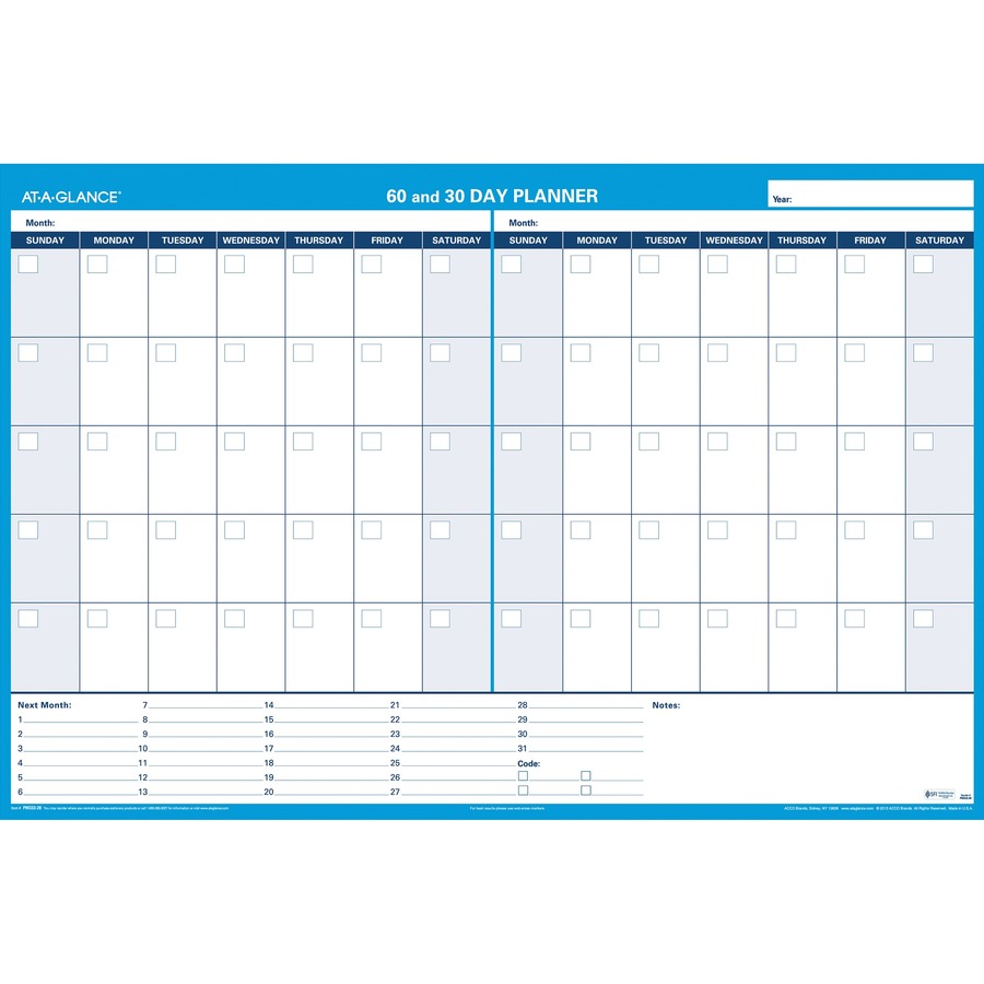 30/60-Day Undated Horizontal Erasable Wall Planner, 48 x 32, White/Blue Sheets, Undated