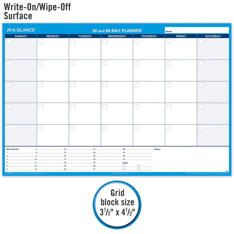 30/60-Day Undated Horizontal Erasable Wall Planner, 48 x 32, White/Blue Sheets, Undated