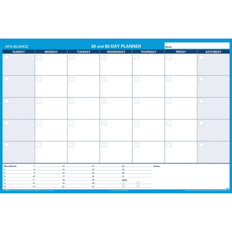 30/60-Day Undated Horizontal Erasable Wall Planner, 48 x 32, White/Blue Sheets, Undated