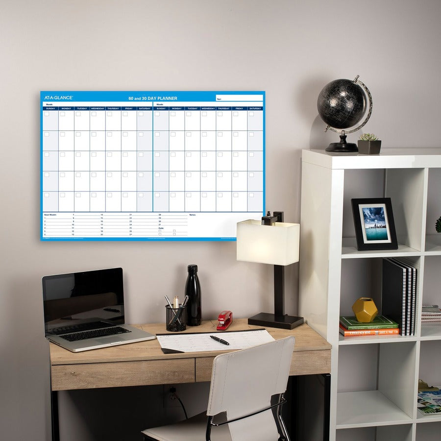 30/60-Day Undated Horizontal Erasable Wall Planner, 48 x 32, White/Blue Sheets, Undated