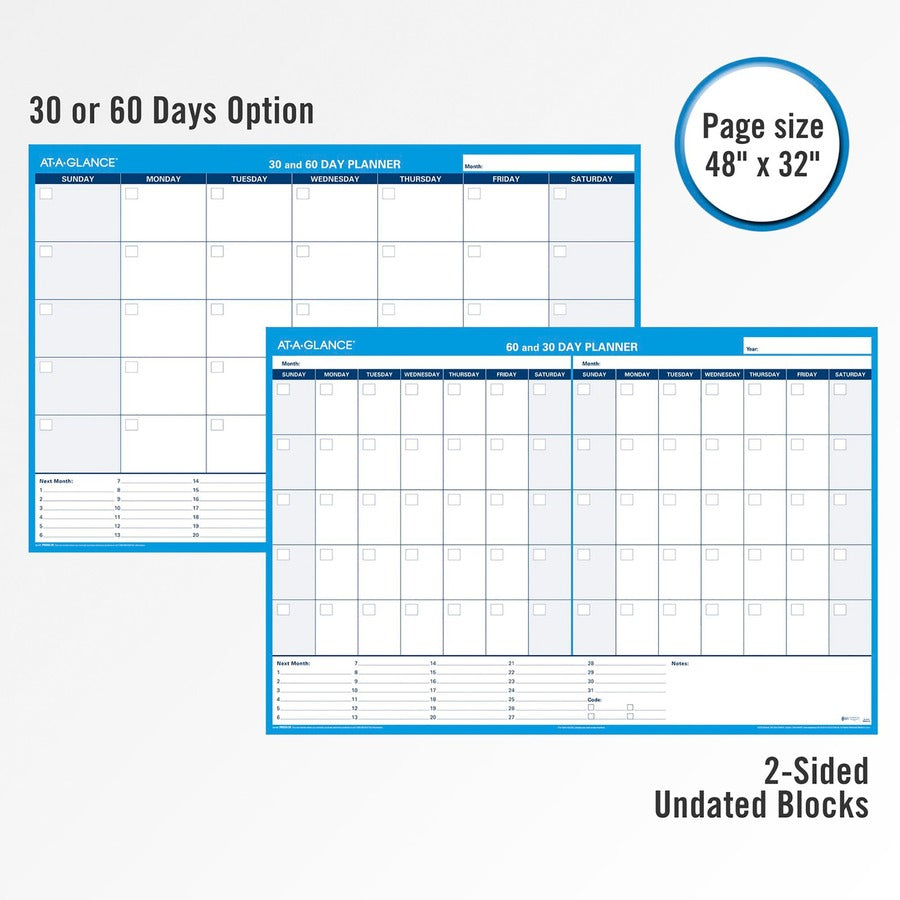 30/60-Day Undated Horizontal Erasable Wall Planner, 48 x 32, White/Blue Sheets, Undated