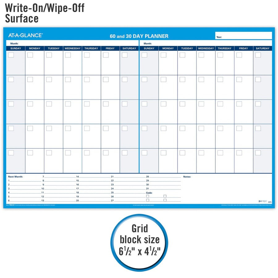 30/60-Day Undated Horizontal Erasable Wall Planner, 48 x 32, White/Blue Sheets, Undated