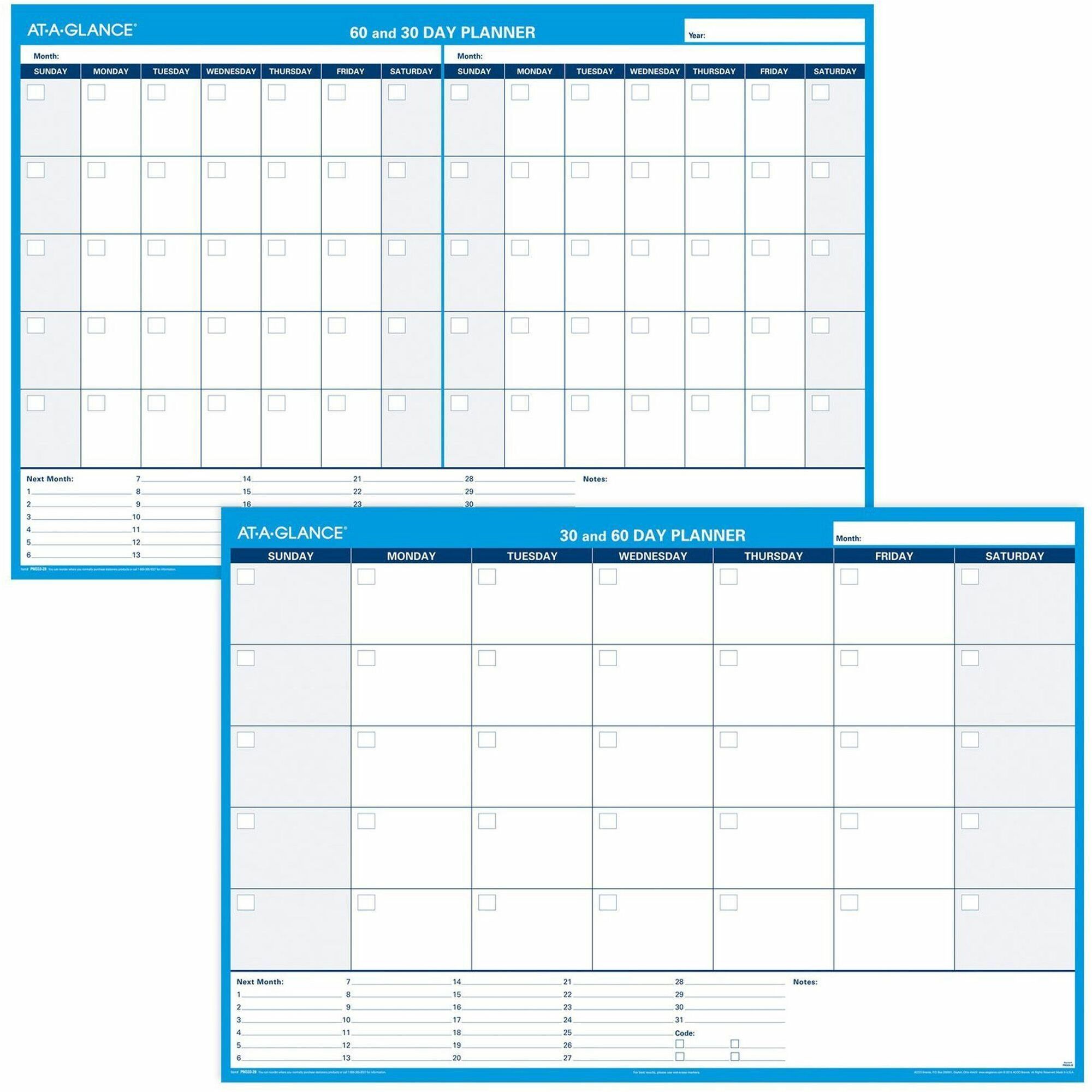30/60-Day Undated Horizontal Erasable Wall Planner, 48 x 32, White/Blue Sheets, Undated
