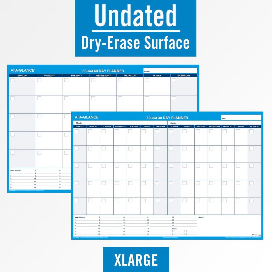 30/60-Day Undated Horizontal Erasable Wall Planner, 48 x 32, White/Blue Sheets, Undated