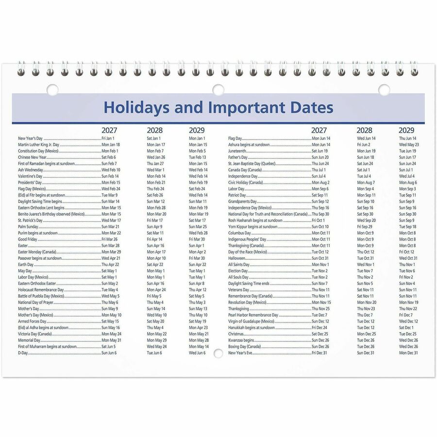 QuickNotes Desk/Wall Calendar, 3-Hole Punched, 11 x 8, White/Blue/Yellow Sheets, 12-Month (Jan to Dec): 2024