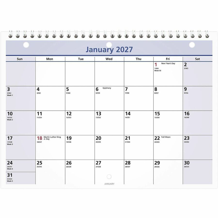 QuickNotes Desk/Wall Calendar, 3-Hole Punched, 11 x 8, White/Blue/Yellow Sheets, 12-Month (Jan to Dec): 2024