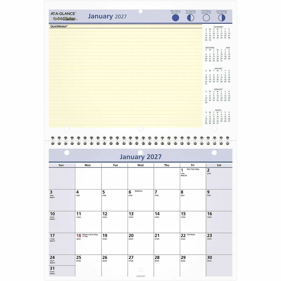 QuickNotes Desk/Wall Calendar, 3-Hole Punched, 11 x 8, White/Blue/Yellow Sheets, 12-Month (Jan to Dec): 2024