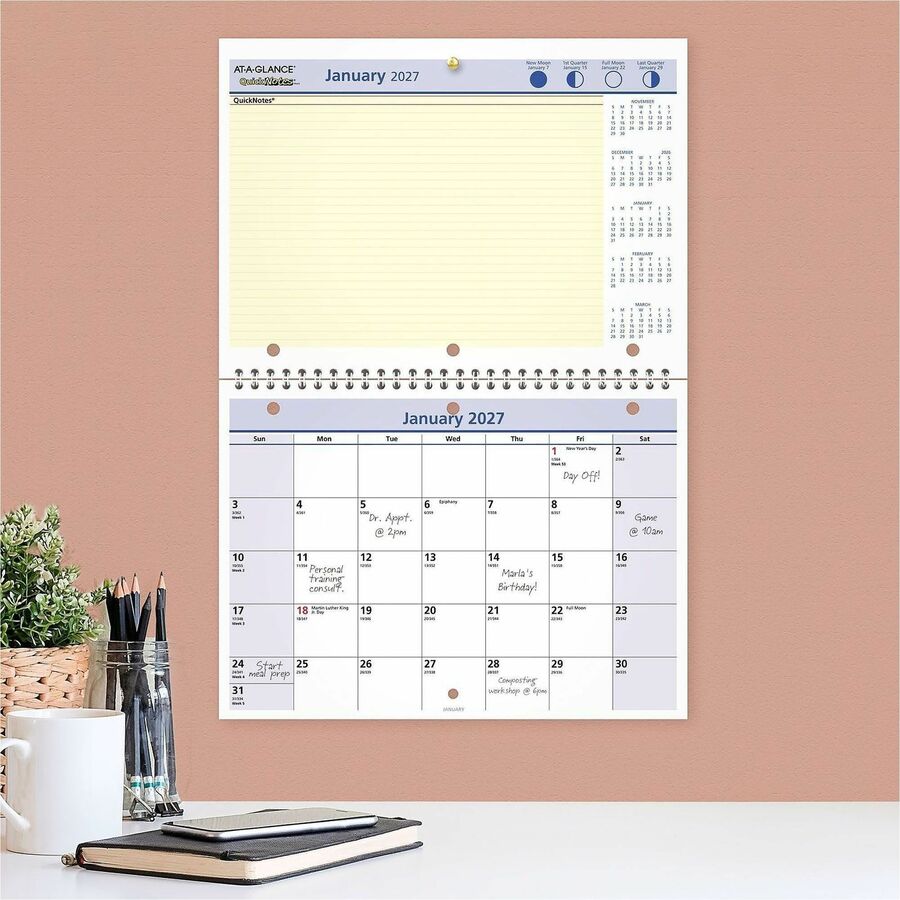 QuickNotes Desk/Wall Calendar, 3-Hole Punched, 11 x 8, White/Blue/Yellow Sheets, 12-Month (Jan to Dec): 2024