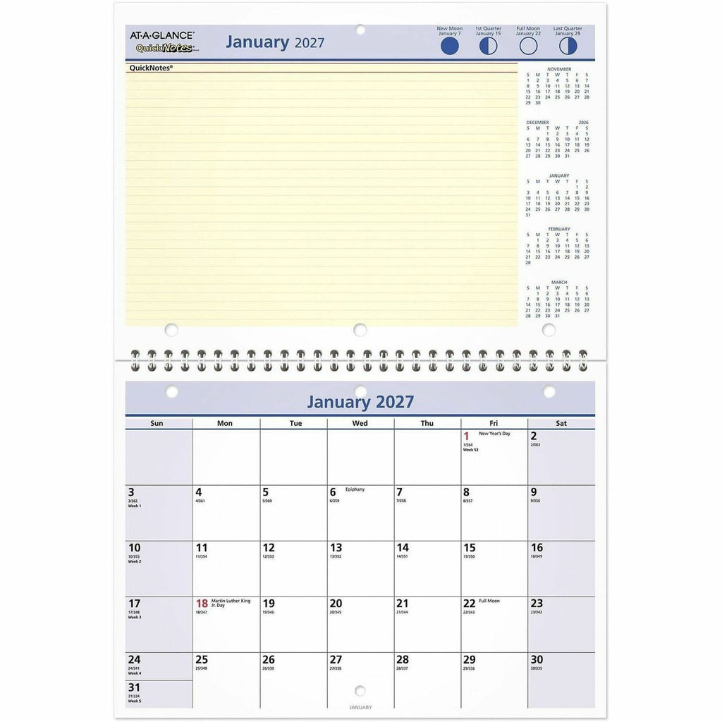 QuickNotes Desk/Wall Calendar, 3-Hole Punched, 11 x 8, White/Blue/Yellow Sheets, 12-Month (Jan to Dec): 2024