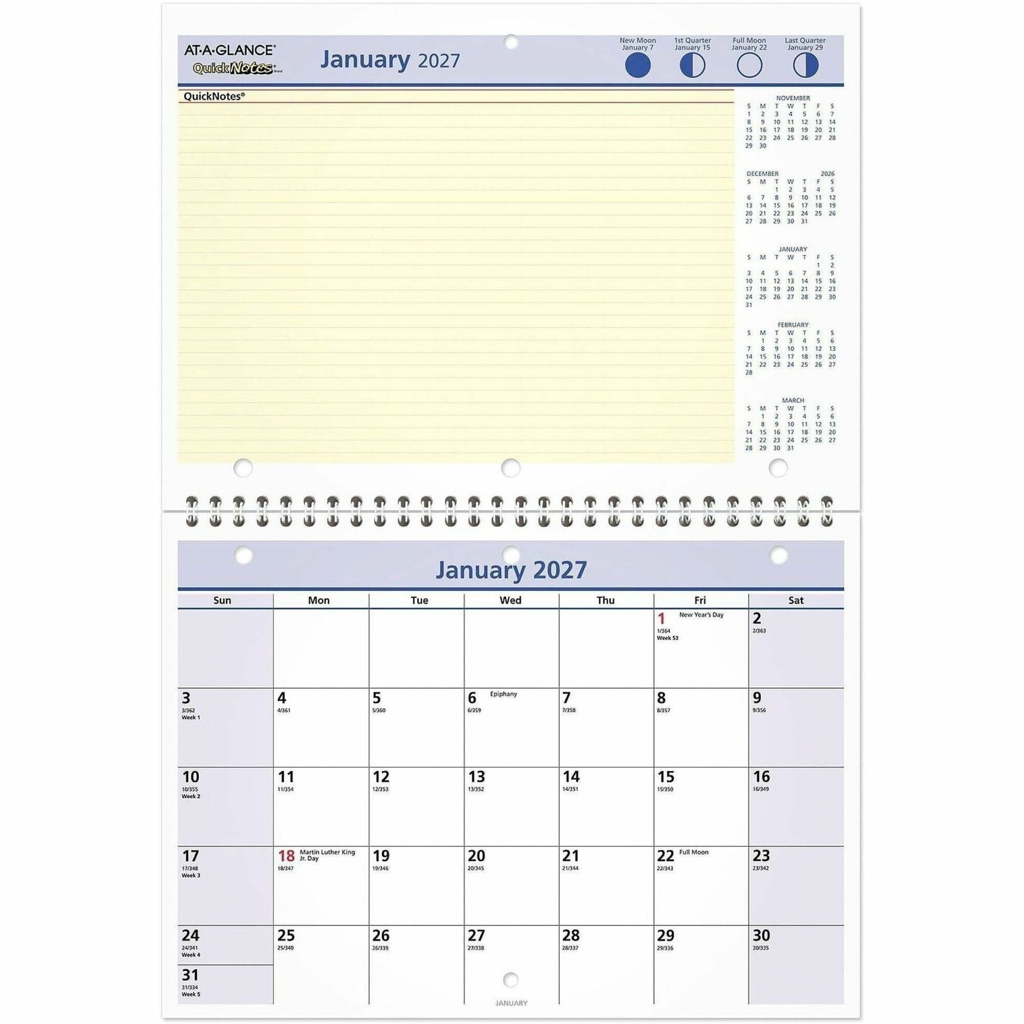 QuickNotes Desk/Wall Calendar, 3-Hole Punched, 11 x 8, White/Blue/Yellow Sheets, 12-Month (Jan to Dec): 2024