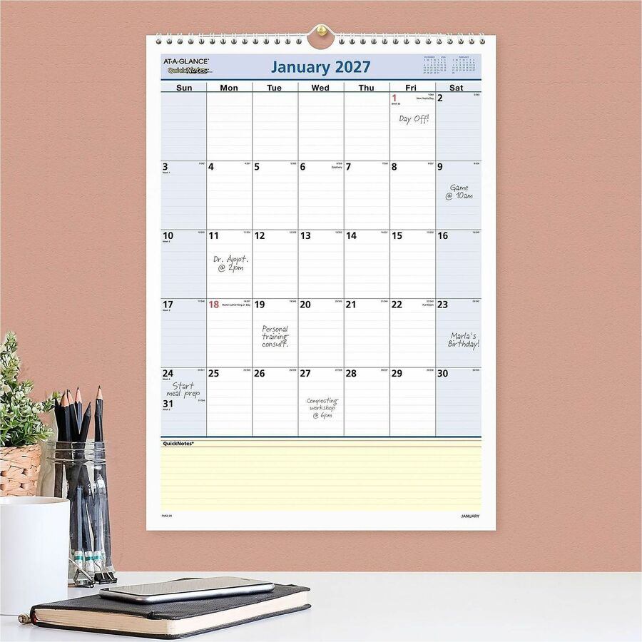 QuickNotes Wall Calendar, 12 x 17, White/Blue/Yellow Sheets, 12-Month (Jan to Dec): 2024