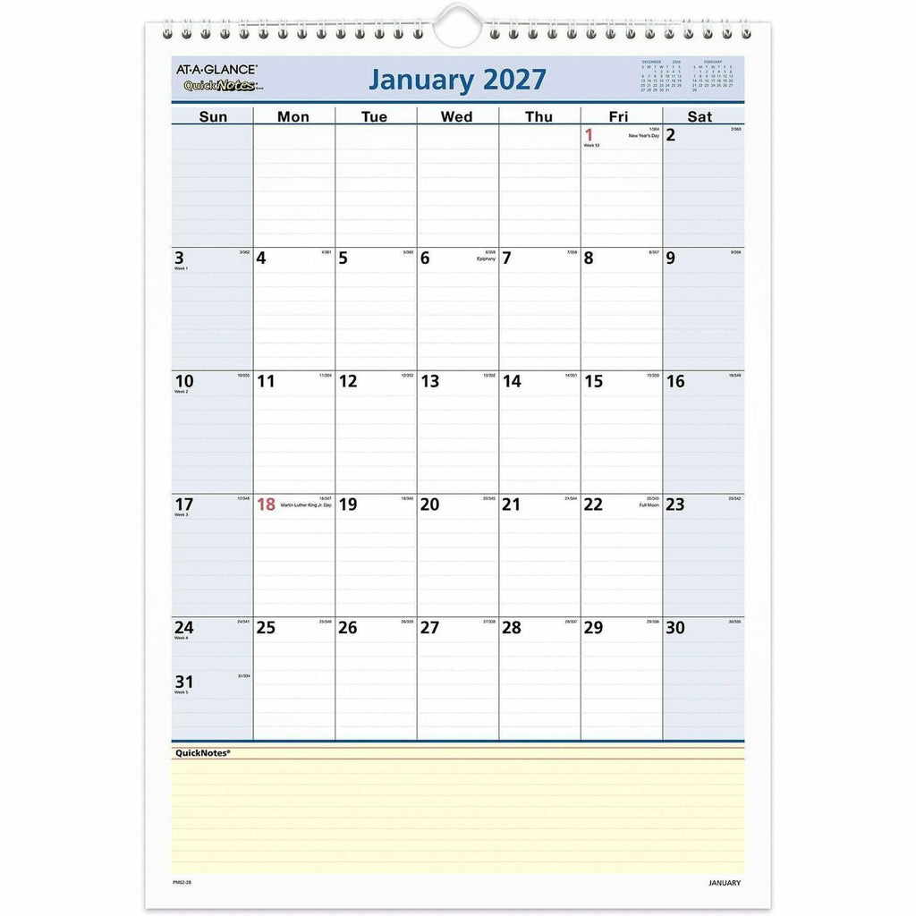 QuickNotes Wall Calendar, 12 x 17, White/Blue/Yellow Sheets, 12-Month (Jan to Dec): 2024