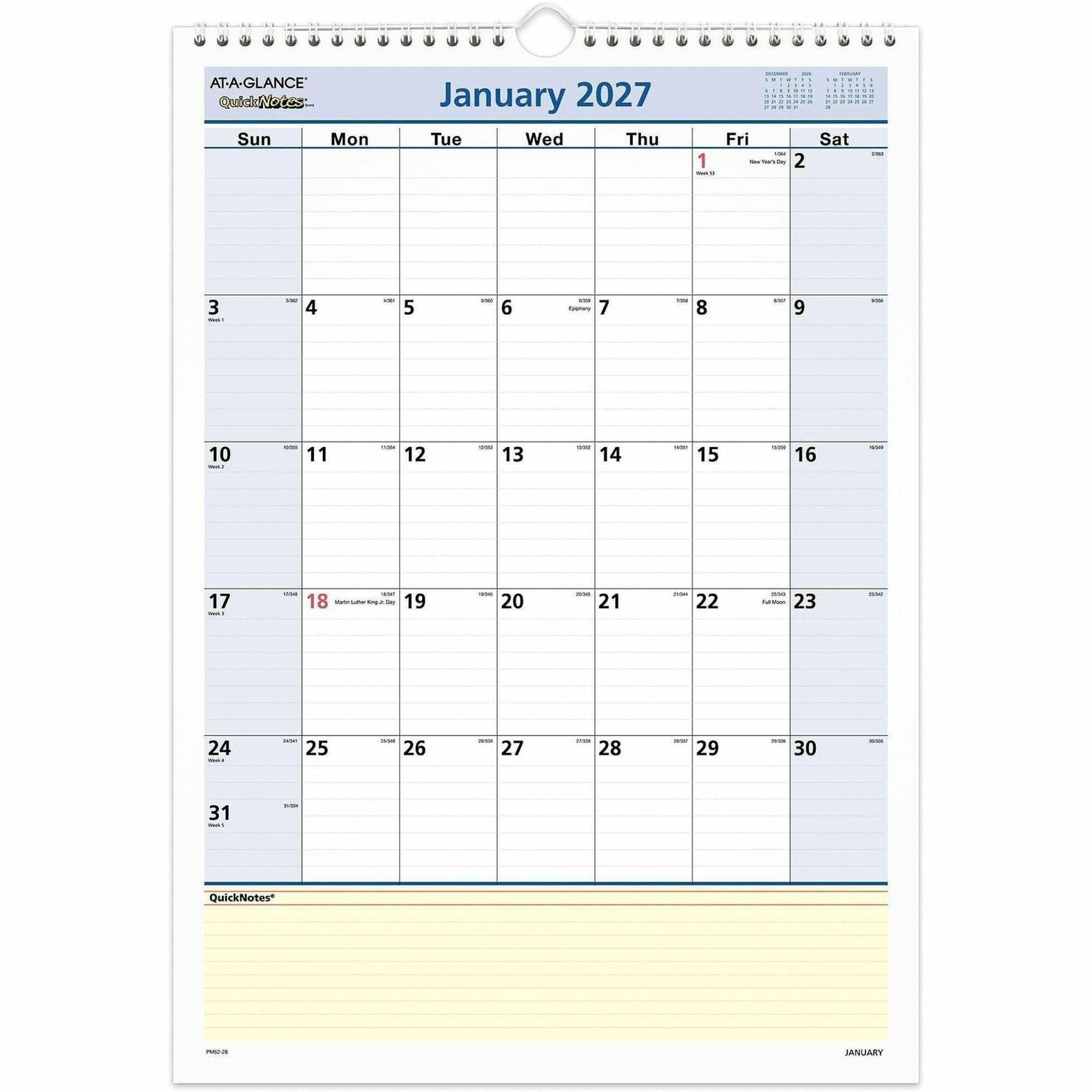 QuickNotes Wall Calendar, 12 x 17, White/Blue/Yellow Sheets, 12-Month (Jan to Dec): 2024