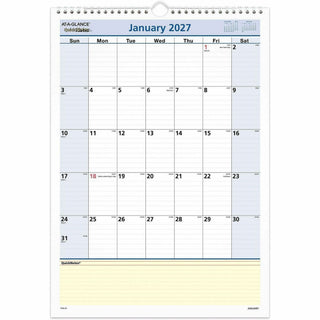 QuickNotes Wall Calendar, 12 x 17, White/Blue/Yellow Sheets, 12-Month (Jan to Dec): 2024
