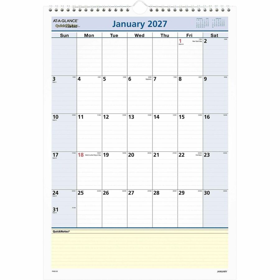 QuickNotes Wall Calendar, 12 x 17, White/Blue/Yellow Sheets, 12-Month (Jan to Dec): 2024