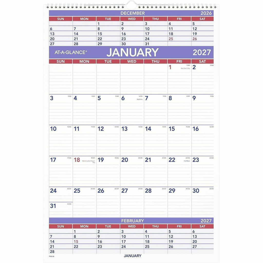 Three-Month Wall Calendar, 15.5 x 22.75, White Sheets, 12-Month (Jan to Dec): 2024