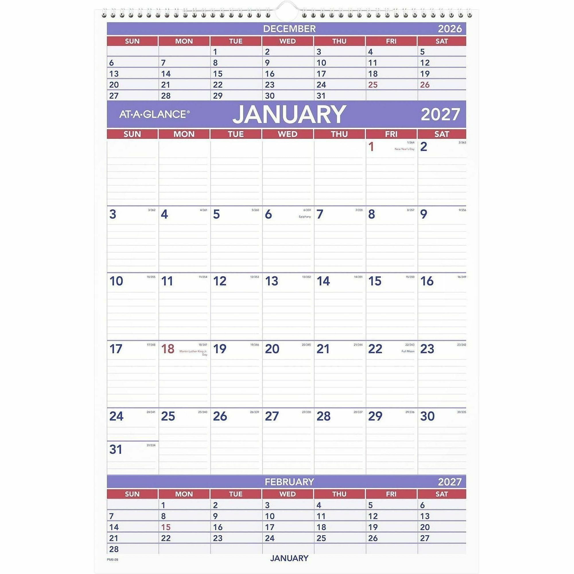Three-Month Wall Calendar, 15.5 x 22.75, White Sheets, 12-Month (Jan to Dec): 2024