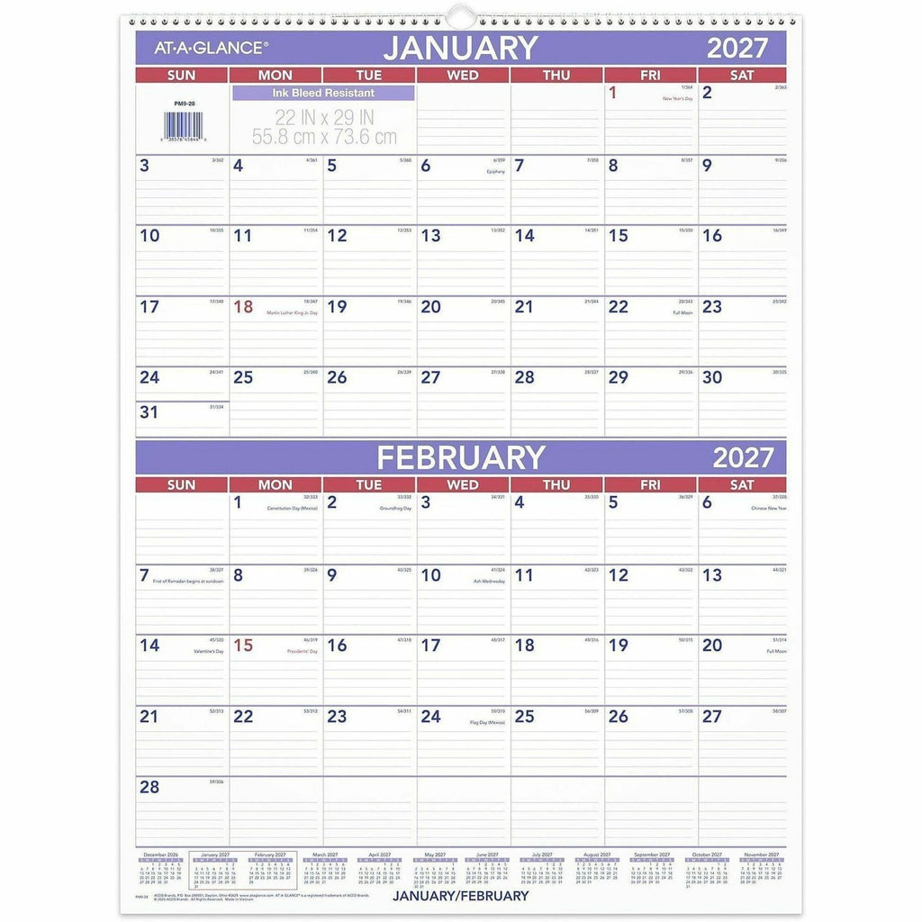 Two-Month Wall Calendar, 22 x 29, White/Blue/Red Sheets, 12-Month (Jan to Dec): 2024