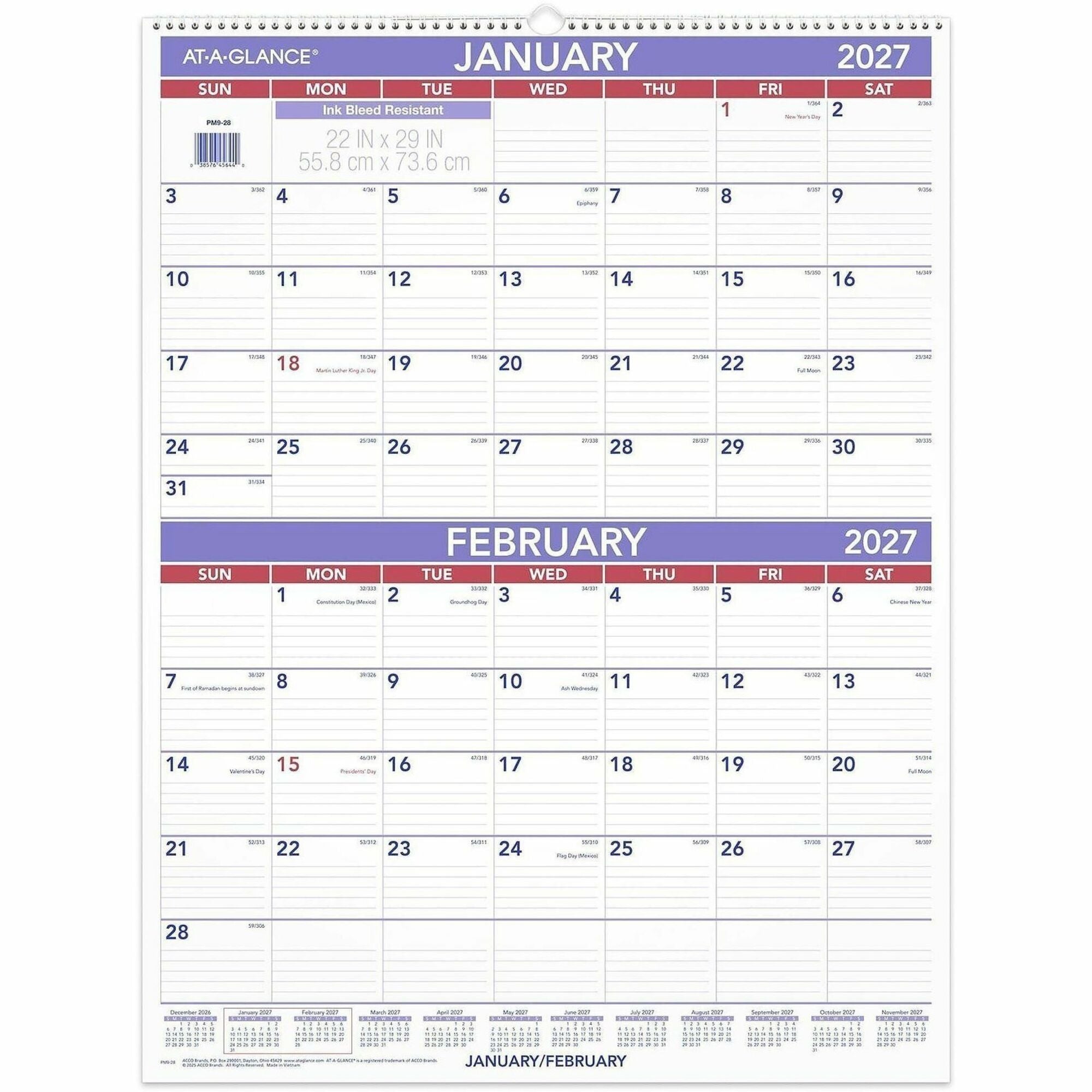 Two-Month Wall Calendar, 22 x 29, White/Blue/Red Sheets, 12-Month (Jan to Dec): 2024