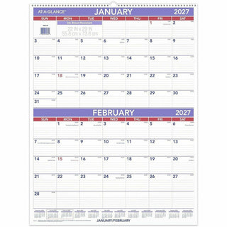 Two-Month Wall Calendar, 22 x 29, White/Blue/Red Sheets, 12-Month (Jan to Dec): 2024