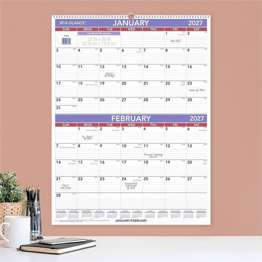 Two-Month Wall Calendar, 22 x 29, White/Blue/Red Sheets, 12-Month (Jan to Dec): 2024
