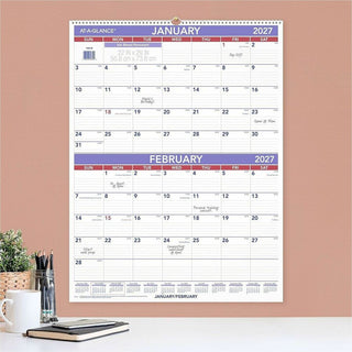 Two-Month Wall Calendar, 22 x 29, White/Blue/Red Sheets, 12-Month (Jan to Dec): 2024