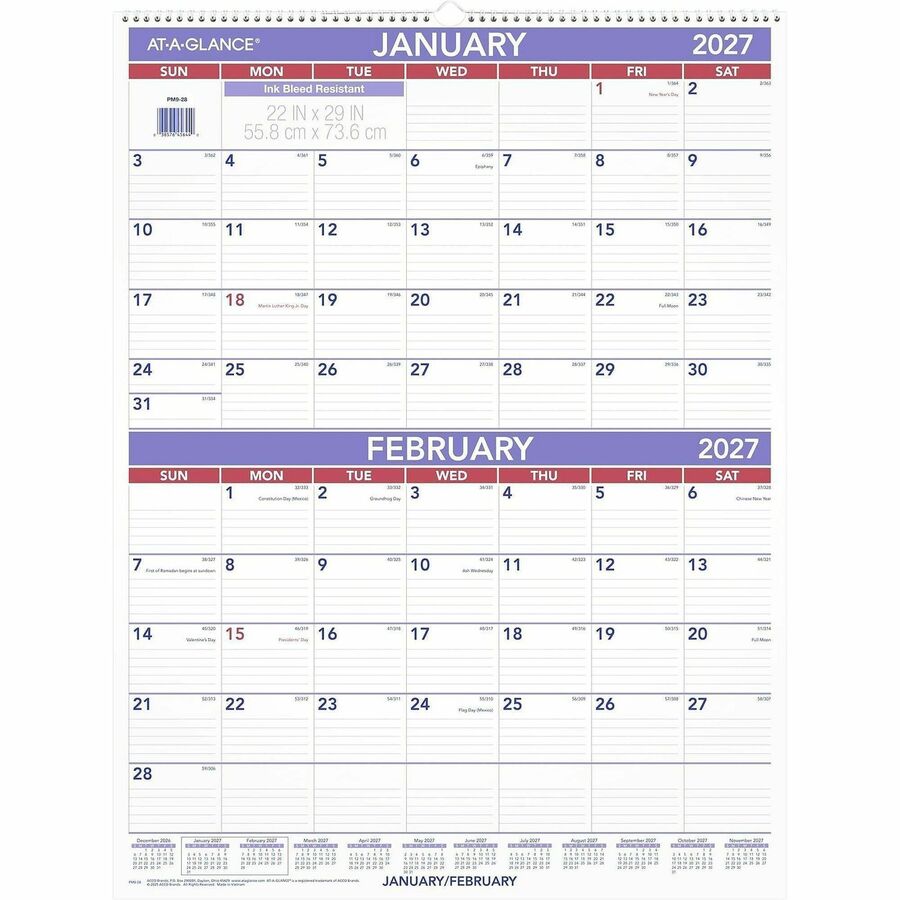 Two-Month Wall Calendar, 22 x 29, White/Blue/Red Sheets, 12-Month (Jan to Dec): 2024