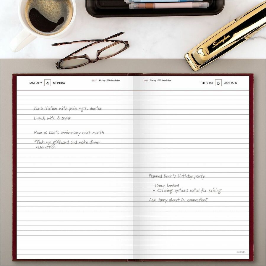 Standard Diary Daily Diary, 2024 Edition, Wide/Legal Rule, Red Cover, (200) 12 x 7.75 Sheets