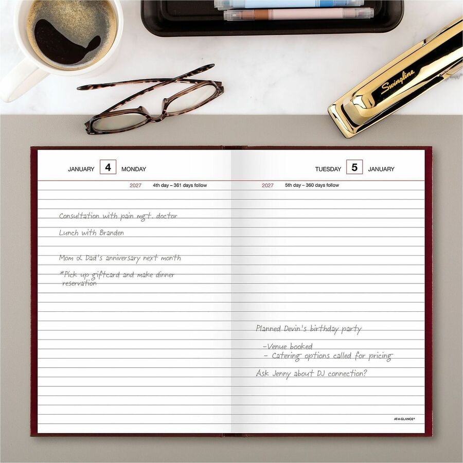 Standard Diary Daily Reminder Book, 2024 Edition, Medium/College Rule, Red Cover, (201) 7.5 x 5.13 Sheets
