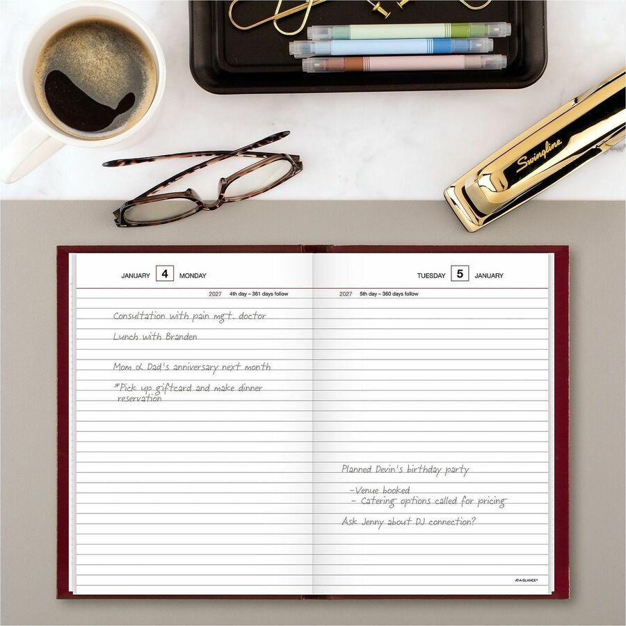 Standard Diary Daily Reminder Book, 2024 Edition, Medium/College Rule, Red Cover, (201) 8.25 x 5.75 Sheets