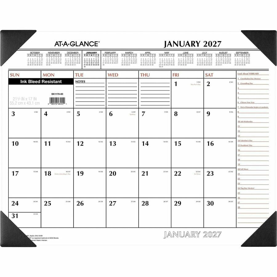 Two-Color Monthly Desk Pad Calendar, 22 x 17, White Sheets, Black Corners, 12-Month (Jan to Dec): 2024