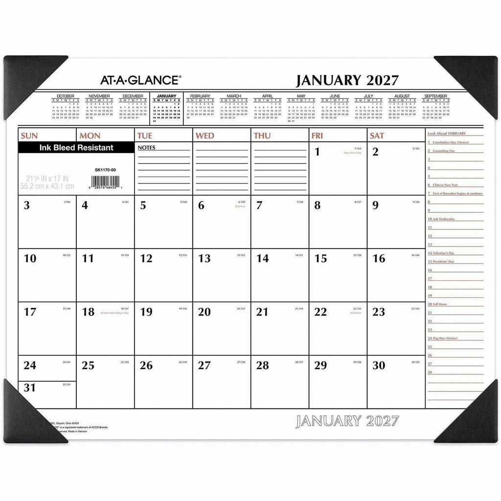 Two-Color Monthly Desk Pad Calendar, 22 x 17, White Sheets, Black Corners, 12-Month (Jan to Dec): 2024