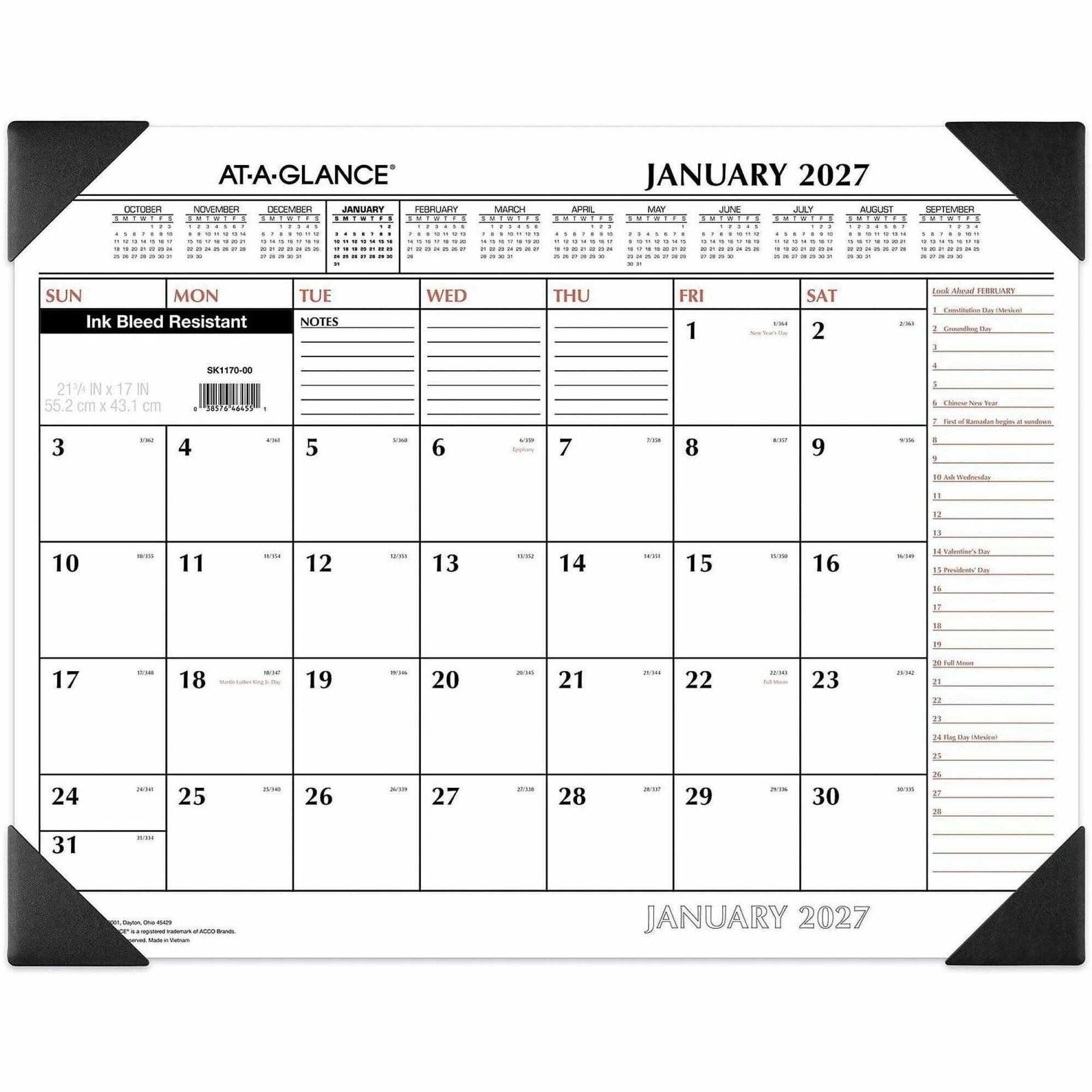Two-Color Monthly Desk Pad Calendar, 22 x 17, White Sheets, Black Corners, 12-Month (Jan to Dec): 2024