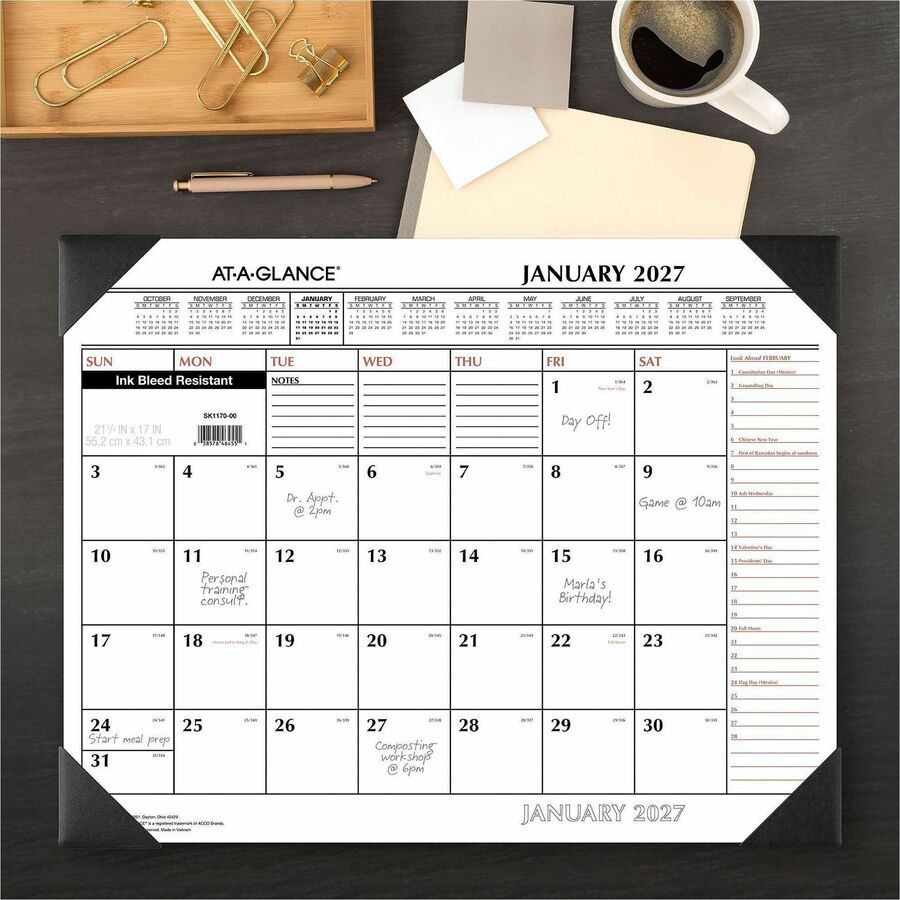 Two-Color Monthly Desk Pad Calendar, 22 x 17, White Sheets, Black Corners, 12-Month (Jan to Dec): 2024
