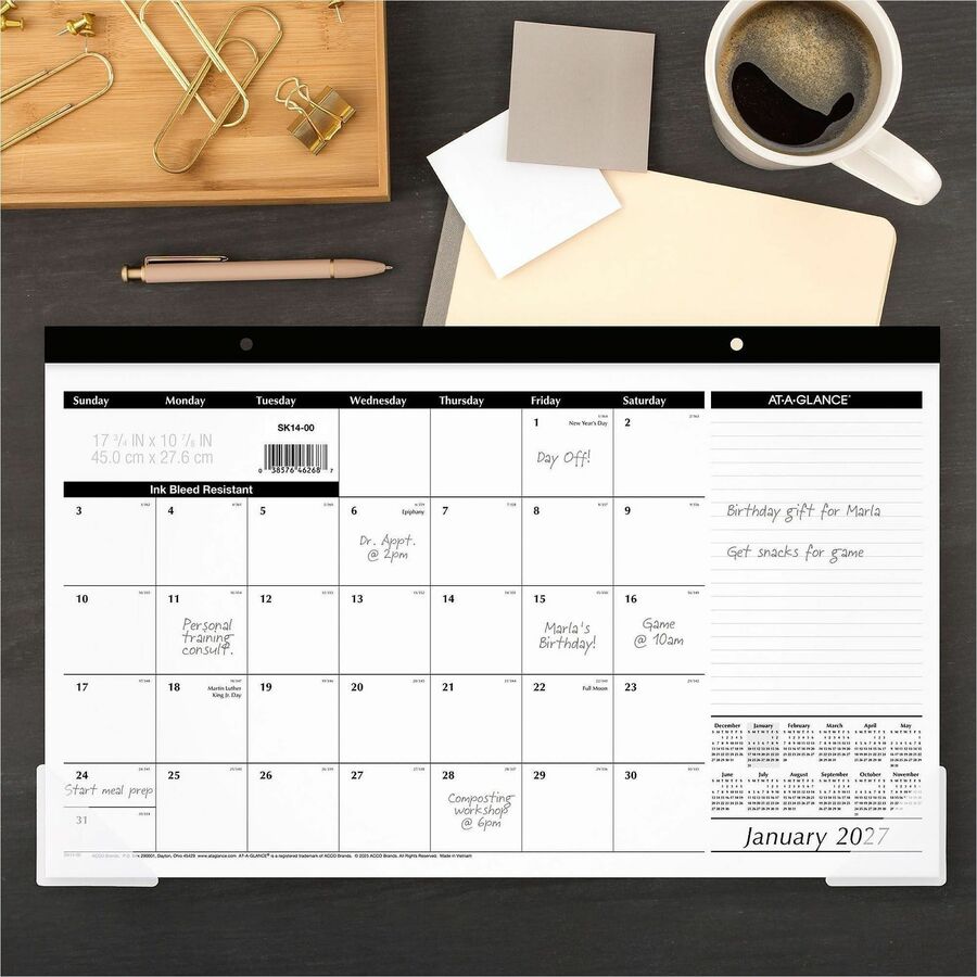 Compact Desk Pad, 18 x 11, White Sheets, Black Binding, Clear Corners, 12-Month (Jan to Dec): 2024