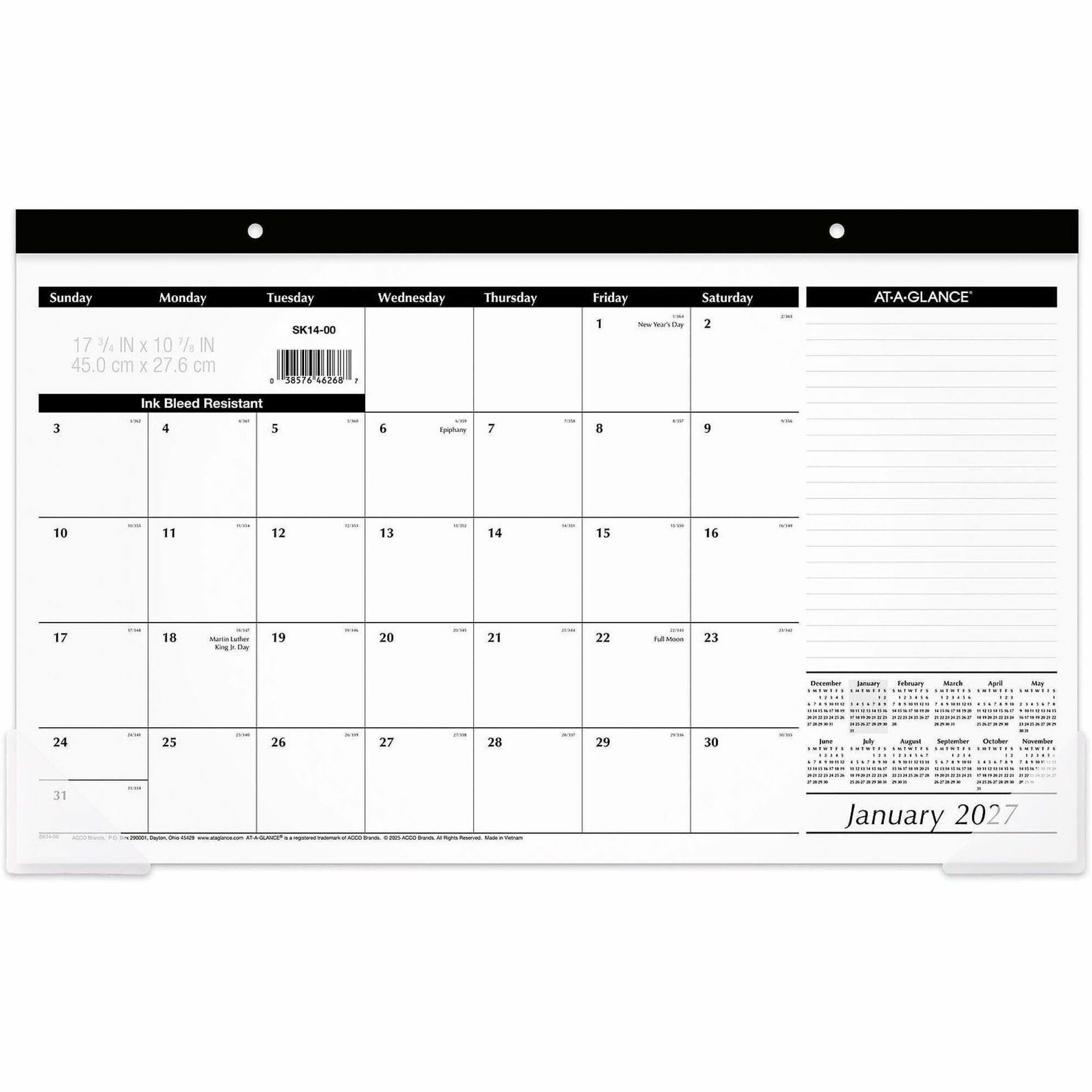 Compact Desk Pad, 18 x 11, White Sheets, Black Binding, Clear Corners, 12-Month (Jan to Dec): 2024
