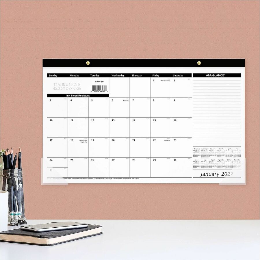 Compact Desk Pad, 18 x 11, White Sheets, Black Binding, Clear Corners, 12-Month (Jan to Dec): 2024