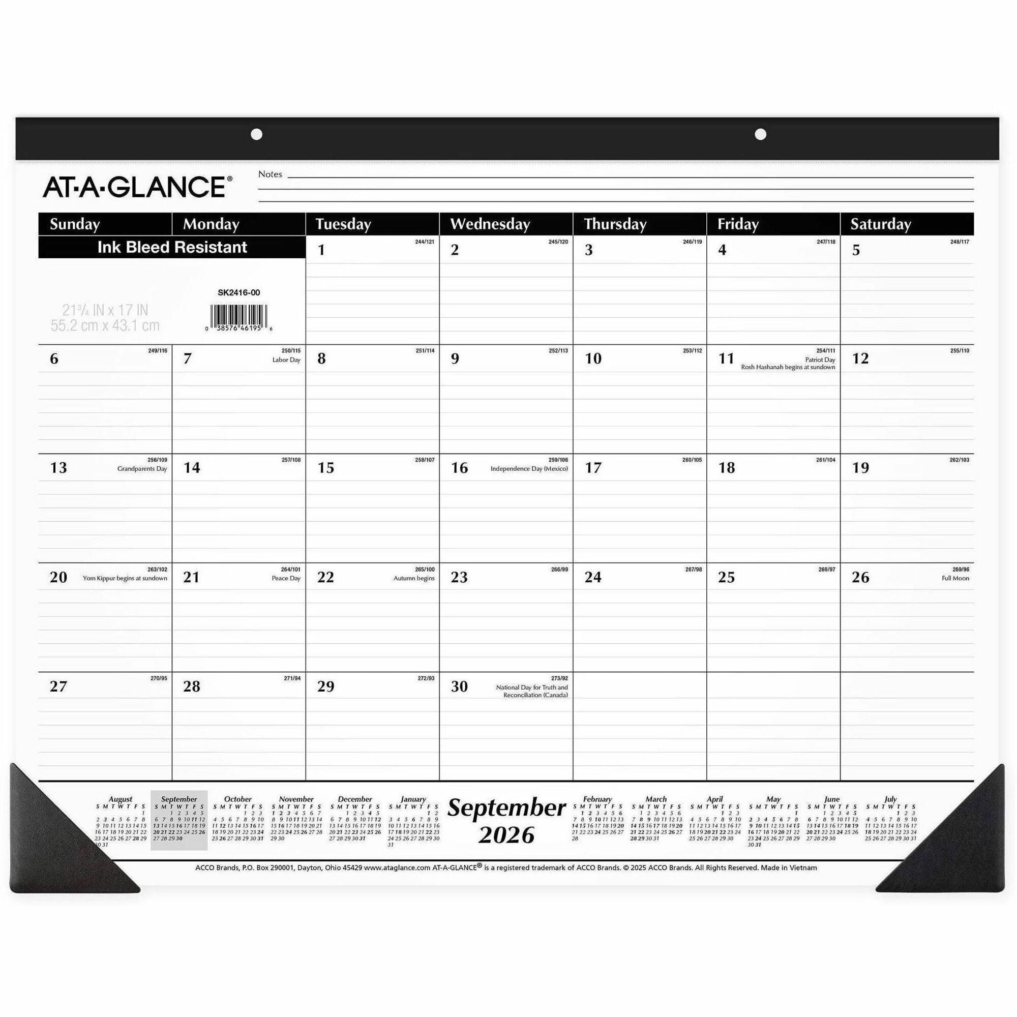 Academic Year Ruled Desk Pad, 21.75 x 17, White Sheets, Black Binding, Black Corners, 16-Month (Sept to Dec): 2023 to 2024