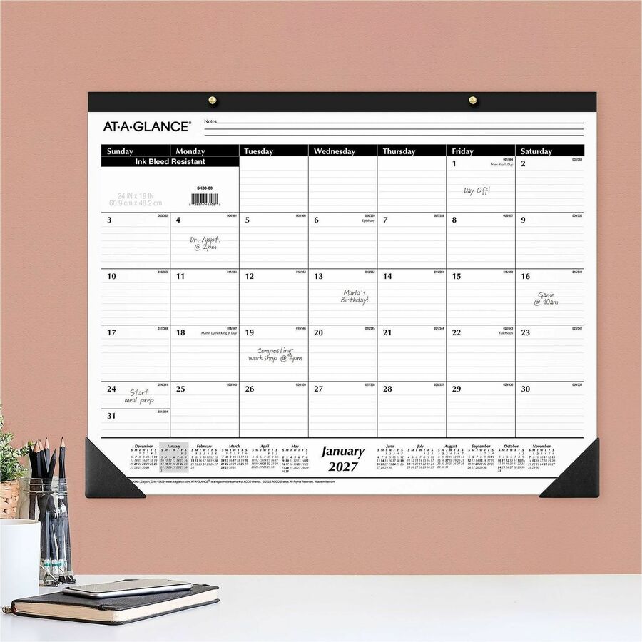 At-A-Glance 2024 Ruled Monthly Desk Pad, Large, 24" x 19" - Large Size - Julian Dates - Monthly - 12 Month - January 2024 - December 2024 - 1 Month Single Page Layout - 24" x 19" White Sheet - Headband - Desktop - White - Paper - Ruled Daily Block -