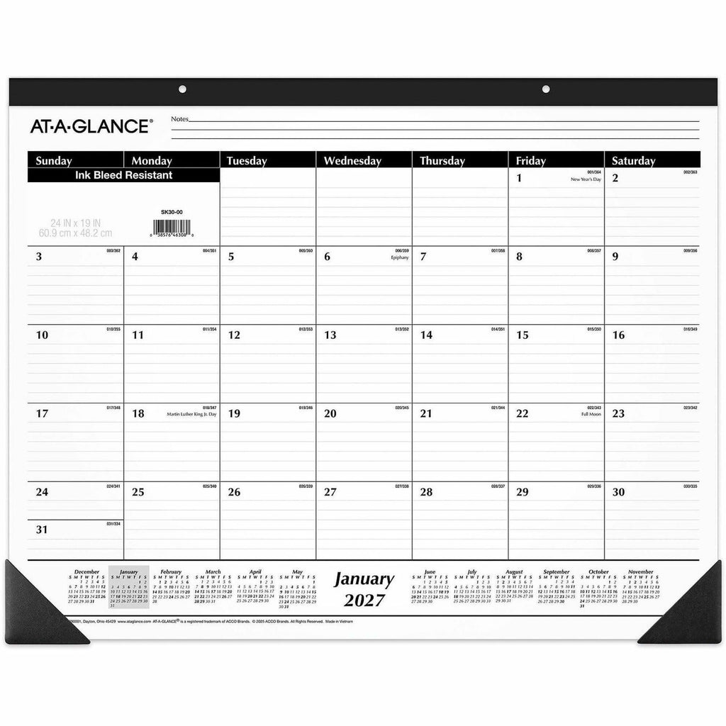 At-A-Glance 2024 Ruled Monthly Desk Pad, Large, 24" x 19" - Large Size - Julian Dates - Monthly - 12 Month - January 2024 - December 2024 - 1 Month Single Page Layout - 24" x 19" White Sheet - Headband - Desktop - White - Paper - Ruled Daily Block -