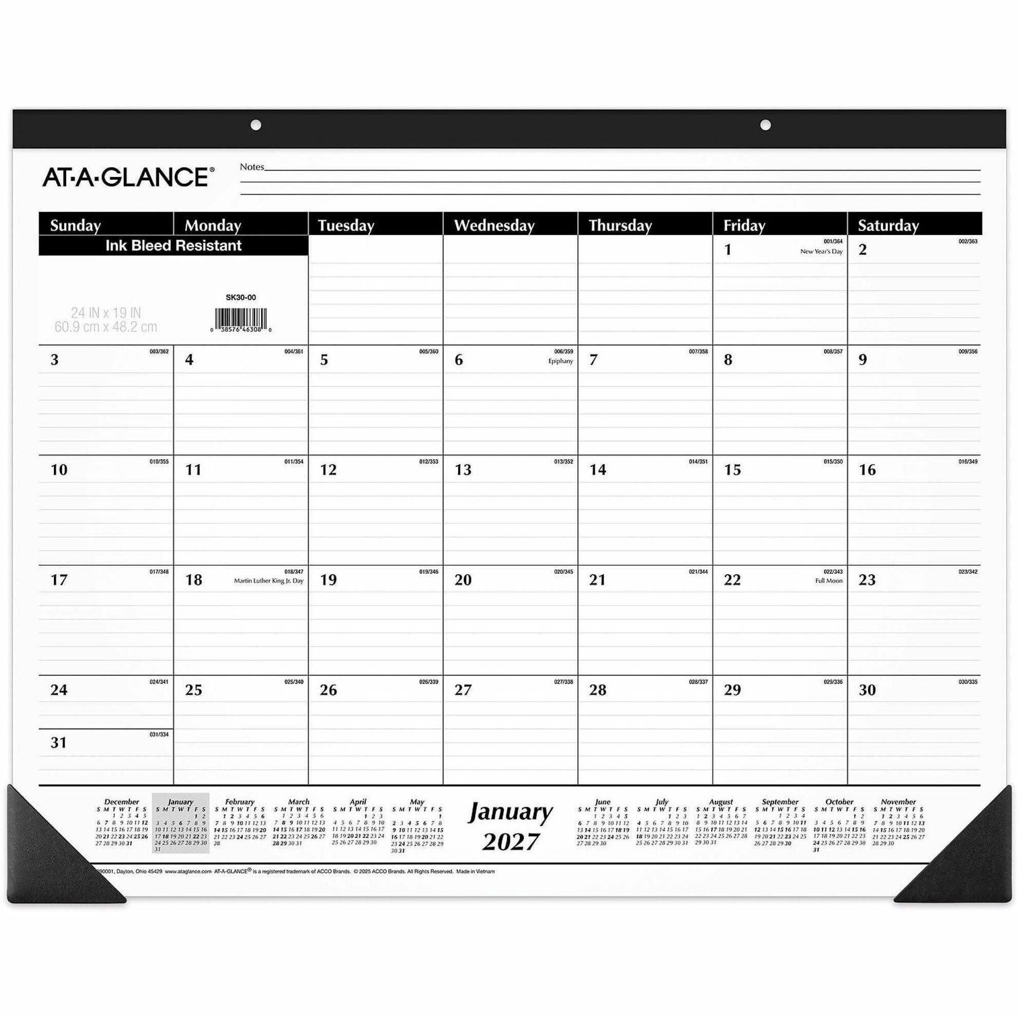 At-A-Glance 2024 Ruled Monthly Desk Pad, Large, 24" x 19" - Large Size - Julian Dates - Monthly - 12 Month - January 2024 - December 2024 - 1 Month Single Page Layout - 24" x 19" White Sheet - Headband - Desktop - White - Paper - Ruled Daily Block -