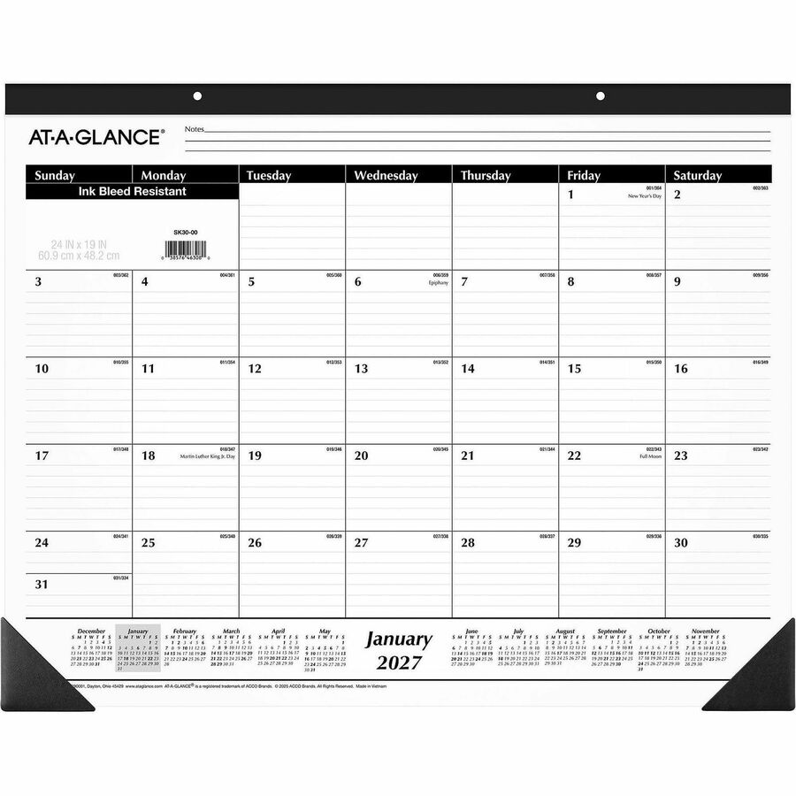 At-A-Glance 2024 Ruled Monthly Desk Pad, Large, 24" x 19" - Large Size - Julian Dates - Monthly - 12 Month - January 2024 - December 2024 - 1 Month Single Page Layout - 24" x 19" White Sheet - Headband - Desktop - White - Paper - Ruled Daily Block -