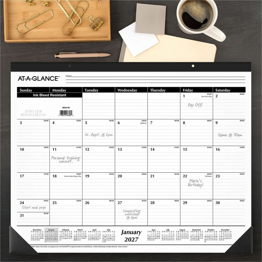 At-A-Glance 2024 Ruled Monthly Desk Pad, Large, 24" x 19" - Large Size - Julian Dates - Monthly - 12 Month - January 2024 - December 2024 - 1 Month Single Page Layout - 24" x 19" White Sheet - Headband - Desktop - White - Paper - Ruled Daily Block -