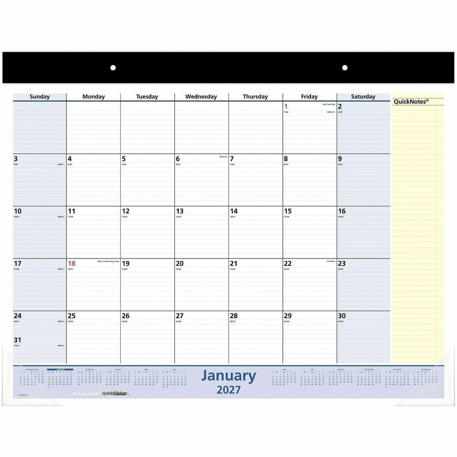 QuickNotes Desk Pad, 22 x 17, White/Blue/Yellow Sheets, Black Binding, Clear Corners, 13-Month (Jan to Jan): 2024 to 2025
