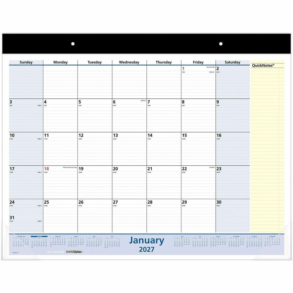 QuickNotes Desk Pad, 22 x 17, White/Blue/Yellow Sheets, Black Binding, Clear Corners, 13-Month (Jan to Jan): 2024 to 2025