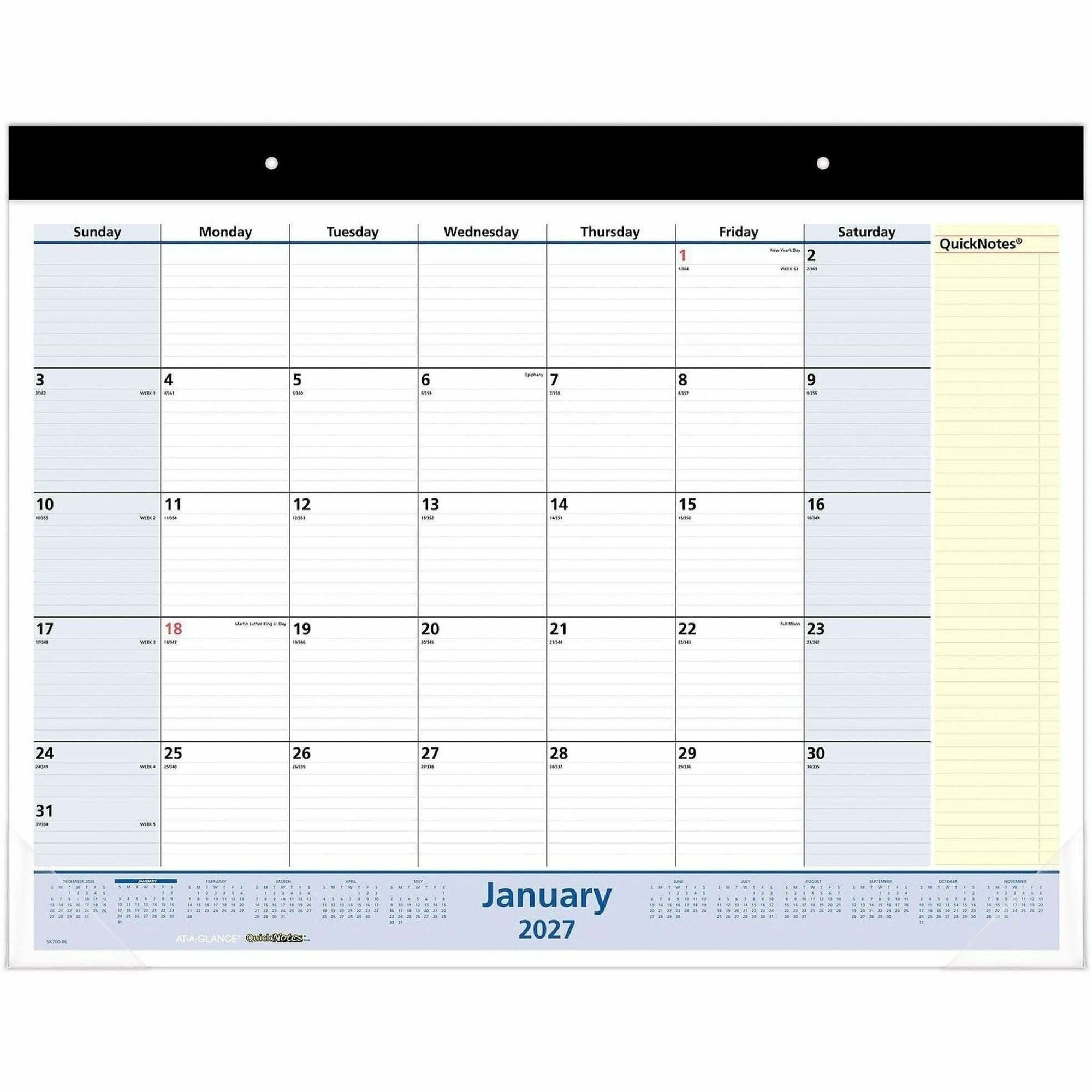 QuickNotes Desk Pad, 22 x 17, White/Blue/Yellow Sheets, Black Binding, Clear Corners, 13-Month (Jan to Jan): 2024 to 2025